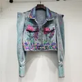 Veste courte en jean à manches longues pour femme streetwear impression de fleurs peintes à la