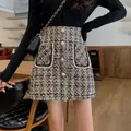 Jupe courte en laine taille haute pour femme jupe trapèze imprimée à carreaux boutons en fausses