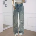 Mn Star-Jean Brodé pour Femme Pantalon en Denim Confortable Jambes Larges Fit Fjfashion