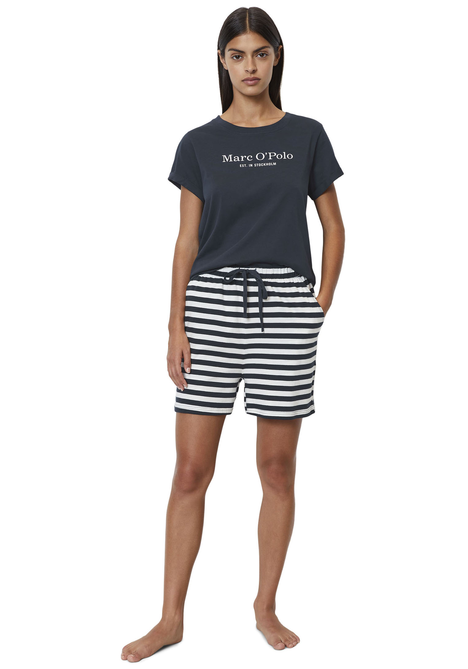 Pyjama MARC O'POLO "Mix & Match Cotton-Woven", Damen, Gr. S (36), blau (schwarz navy,), Jersey, Obermaterial: 100% Baumwolle, bedruckt, unifarben, figurumspielend ca. Mitte Oberschenkel, Rundhals, Homewear-Sets Pyjama, mit großem Marken-Logo auf der...