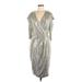 RACHEL Rachel Roy Cocktail Dress - Midi Plunge 3/4 sleeves: Silver Print Dresses - Women's Size Medium