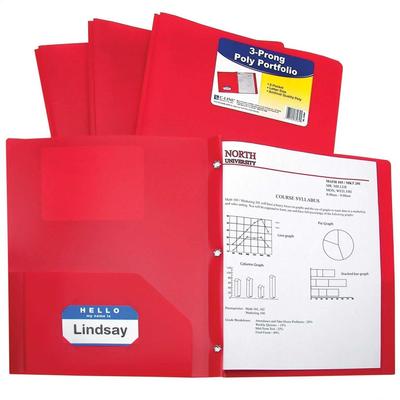 C-Line 2-Pocket Poly Portfolio with Prongs, Red, Pack of 25