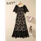 ZJYT-Robes en dentelle au crochet creux trompent pour femmes robe de soirée noire élégante robe