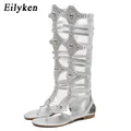 Eilyken 2024 New Golden Gladiator Roman Women Boots Sandals PU Leather Open Toe Knee High Rivet