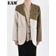 [EAM] Women Apricot Color-block Elegant Linen Blazer New V-neck Long Sleeve Jacket Fashion Tide