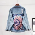 Streetwear Style Print Women's Denim Jacket Coat Diamonds Hole BF Jeans Outwear Female Spring Autumn