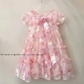 2024 Summer Girls Chiffon Princess Dress Kids Pink Floral Dresses for Girls Toddler Children Outfits