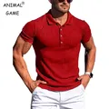 New Summer Men's Solid Color Turn-Down Collar Polo Shirts Oversized T-shirt Short Sleeved Stripe