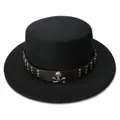 LUCKYLIANJI Women Men Vintage Wool Felt Wide Brim Top Cap Pork Pie Pork-pie Bowler Hat Skull Bead