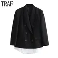 TRAF Blazer lungo a contrasto nero donna giacca doppiopetto donna Blazer oversize manica lunga donna