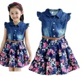 Bohemian Style Girls Summer Clothing Dress Denim Bodice Floral Frock Children Chic Belted Robe A