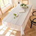 1PC Japanese Boho Style Tablecloth，Beige and Black Table Cover with Tassel，Geometric Pattern Design，