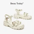 BeauToday sandali robusti gladiatore donna scarpe con plateau in pelle di mucca fibbia in metallo