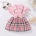 Summer Newborn Girl Fashion Princess Dress Pink Stripe Flip Collar Flying Edge Sleeves Checkered