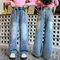 Spring Tiny Spot New Children's Jeans Fashion Red Cross Flower Towel Embroidered Wide Leg Pants