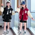 Spring Autumn Teenagers Girls Jacket Patchwork Letter Print Baseball Uniform Coat For 4-14 Years