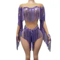 Viola brillanti strass nappa body donna sfilata di moda modello abbigliamento Sexy Costume da