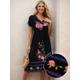 Women's Vintage Dress A Line Black Dress Floral Embroidered Elastic Waist V Neck Maxi Dress Bohemia Short Sleeve Summer Spring