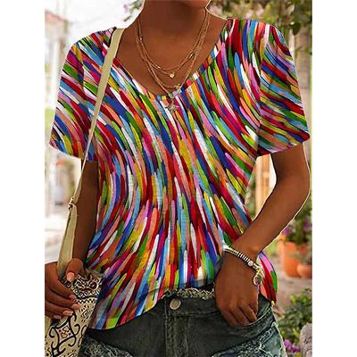 Women's T Shirt Graphic Basic Short Sleeve V Neck Regular Tops Daily Weekend Print Red Blue Green