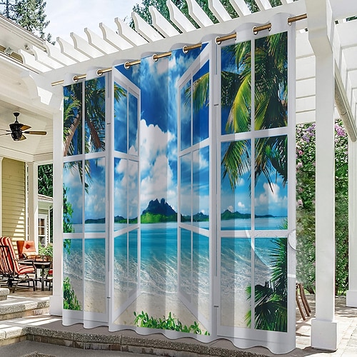 Wasserdichter Outdoor Vorhang Außenvorhang für Privatsphäre, Außenjalousien, verschiebbare Terrassenvorhangvorhänge, Pergolavorhänge mit Ösen, Meeresstrand für Pavillon, Balkon, Veranda, Party Image