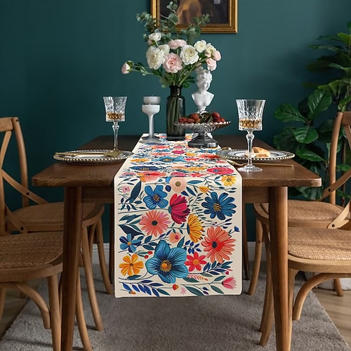 Runner da tavolo in stile country con stampa floreale colorata, decorazioni per il tavolo da pranzo della cucina, runner da tavolo con decorazioni stampate per interni ed esterni, casa, agriturismo,