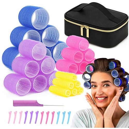 Lockenwickler-Set, 38-teilig, perfekt für langes, mittelkurzes Haar, mit selbsthaftenden Lockenwicklern mit Klettverschluss in 4 Größen, hitzefreien Styling-Werkzeugen, mit großer Kosmetiktasche,