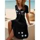Schwarzes Kleid für Damen, Sommerkleid mit Katzen-Print, V-Ausschnitt, Midikleid, süßer Urlaub, kurze Ärmel, Sommer