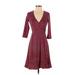 Guess Casual Dress - A-Line V Neck 3/4 sleeves: Burgundy Dresses - Women's Size 2X-Small