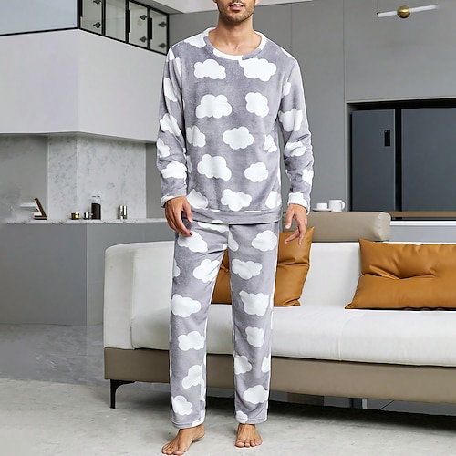 Herren Hausanzug Schlafanzüge Schlafanzug Set Pyjama-Oberteil und Hose 2 Stück Grafik-Drucke Stilvoll Brautkleider schlicht Komfort Heim Täglich Flanell Komfort Rundhalsausschnitt Langarm Pullover Image
