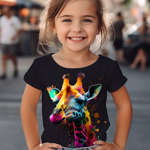 Mädchen 3D Grafik Cartoon Giraffe T-Shirt Kurzarm 3D-Druck Sommer Frühling Aktiv Mode Niedlich Kinder 3-12 Jahre Outdoor Lässig Täglich Normale Passform Image