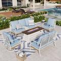 Alphamarts 7 Person White Outdoor Conversation Set w/ Swivel Lounge Chairs, Loveseat & Fire Pit Table /Rust - Resistant in Blue | Wayfair
