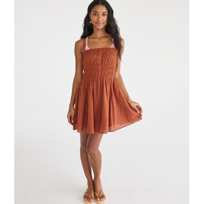 Aeropostale Womens' Solid Square-Neck Buttoned Fit & Flare Dress - Brown - Size S - Cotton