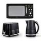 Tower Solitaire Black 1.5L 3KW Jug Kettle, 2 Slice Toaster & T24041BLK 800W 20L Digital Microwave. Matching Modern Design Kitchen Set in Black with Chrome Accents