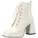 Women Square Toe Lace up Ankle Boots Chunky Heel Patent Leather Platform Block Heel Booties (Beige,UK Size 6)