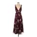 Jill Jill Stuart Cocktail Dress - Midi Plunge Sleeveless: Burgundy Print Dresses - Women's Size 4