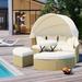 Patio Round Daybed with Retractable Canopy, Outdoor Rattan Furniture Sets, Sectional Sofa Set w/Removable Cushion, Rattan Sunbed