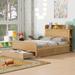 Full Size Wooden Platform Bed with Storage Headboard and a Big Drawer, No Box Spring Needed & Easy Assembly, Wood