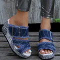 Moda zeppe scarpe donna nuova estate cinturino piatto fibbia Design pantofole donna blu tacco