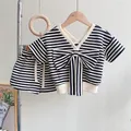 Ensemble chemise et short à col en V avec nœud papillon pour fille vêtements rayés pour enfants