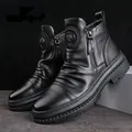 Leather Men's Boots Motorcycle Man Martin Boots High Top British Men's Shoes Zip Round Head Male