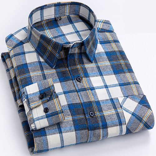 Herren Hemd Freizeithemd Kariertes Hemd Knopfhemd Karo Outdoor Alltagskleidung Gelb Königliches Blau Blau Himmelblau Langarm Revers Herbst Winter Bekleidung Fronttasche Image