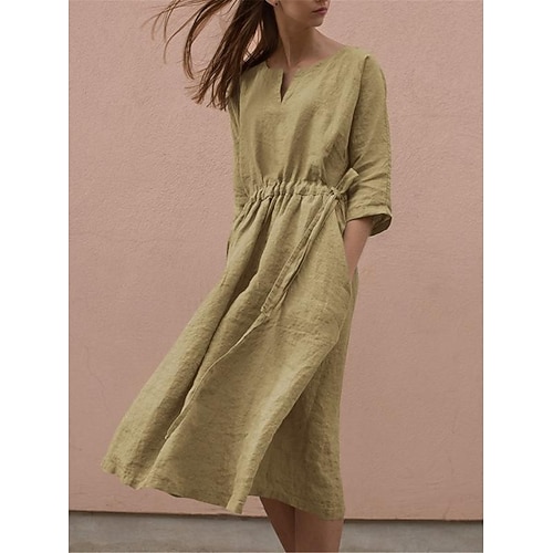 Damen Midikleid Kunstbaumwollleinen Shiftkleid Hemdblusenkleid Weißes Kleid Basic Modern Täglich Wochenende Lässiger Schnitt Einfach Dreiviertelarm V-Ausschnitt Weiß Wein Grün Dunkelgray Sommer