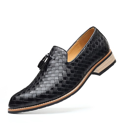 Schwarze Loafer aus gewebtem Kunstleder für Herren mit Quastendetail und Holzsohle – stilvolle Schlupfschuhe für formelle und legere Anlässe Image