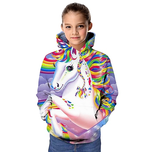 Kinder Mädchen Einhorn rosa Kapuzenpullover und Sweatshirt 3D-Druck Oberteile Langarm Regenbogenherz sportlich errötend rosa Kinderoberteile aktiv süß Image