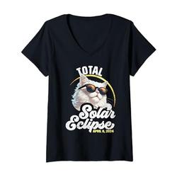 Damen Totale Sonnenfinsternis Cat 2024 Sonnenfinsternis-Party T-Shirt mit V-Ausschnitt