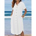 Women's Cotton Linen Shirt Dress Midi Pocket Detail Loose Fit Summer Spring