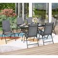 VILLA 9 Piece Patio Dining Set Outdoor Dining Furniture Patio Table Set with Adjustable Portable Patio Folding Chairs (Grey) & Large Square Outdoor Dining Table for Yard Garden and