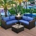 Outdoor PE Wicker Patio Furniture Set 4 Piece Black Rattan Sectional Loveseat Couch Set Conversation Sofa with Storage Box Glass Top Table and Non-Slip Grey Cushion