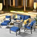 HOOOWOOO Outdoor Patio Furniture Set with Fire Pit Table 6 Pcs Steel Frame Wicker Patio Conversation Sets with Patio Sofa Chairs and Ottoman Gray