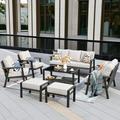 HOOOWOOO Outdoor Patio Furniture Set with Fire Pit Table 6 Pcs Steel Frame Wicker Patio Conversation Sets with Patio Sofa Chairs and Ottoman Gray